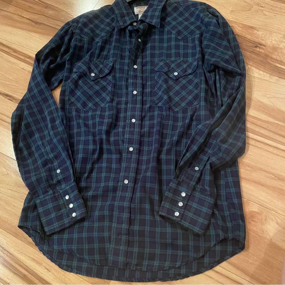 Ruddock Men's Navy & Green Plaid Snap Shirt—slightly flawed